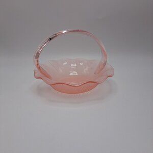Mikasa Vintage Candy Dish Basket Pink Ribbed Handle Frosted Underside